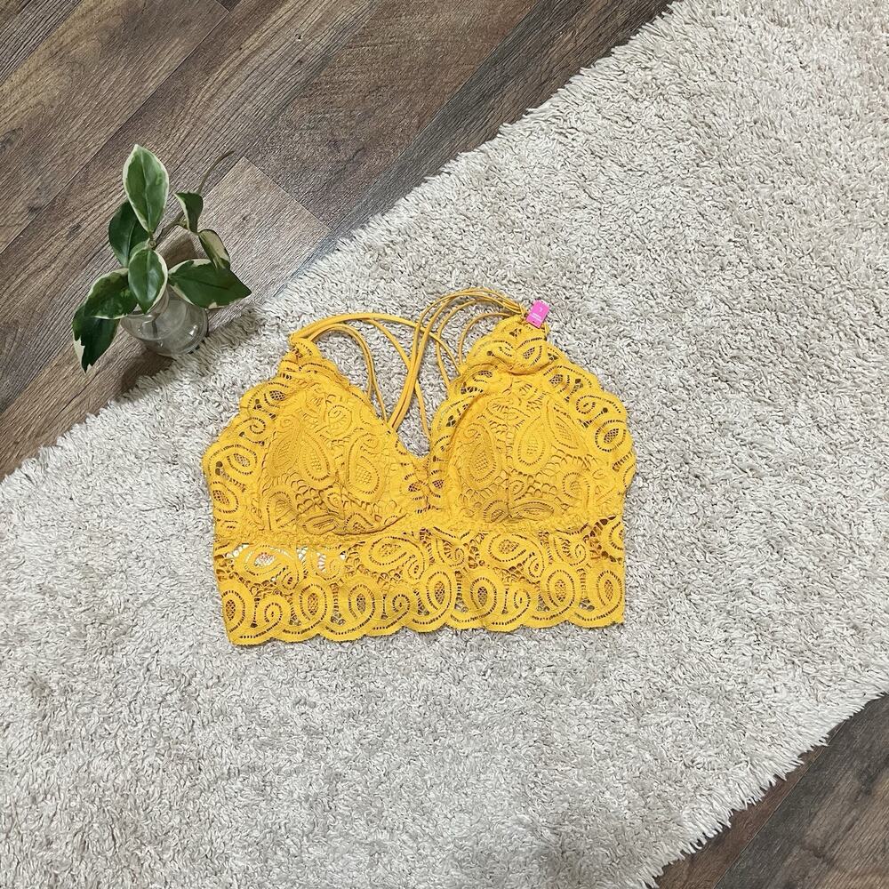 Victoria's Secret PINK Size Large Mustard Yellow Floral Lace Bralette NWT